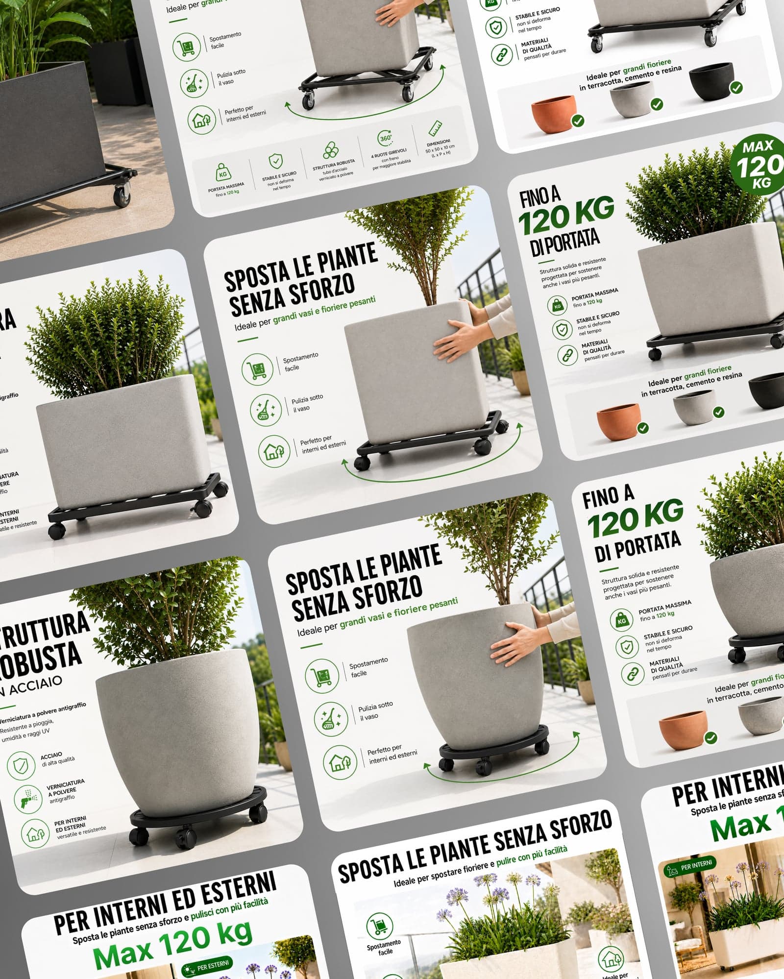 Collage di infografiche Amazon per un carrello portavasi: titoli benefit, icone dei punti di forza e foto lifestyle
